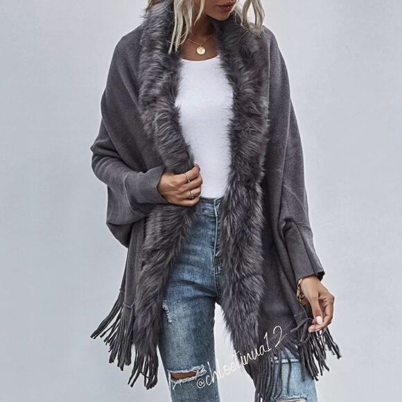 NEW Elegant Soft Fur Sweater Poncho Shawl - Picture 9 of 15